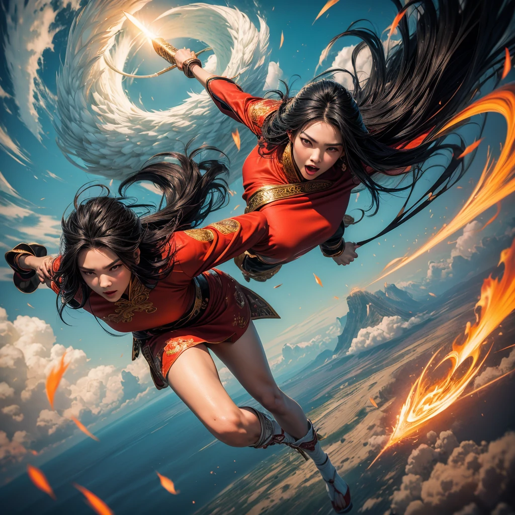 Photography, surrealistic 20-year-old Asian girl with long black hair, flows with wind effect, flying above the clouds, wearing a Chinese legendary red, white and gold Xianxia costume, holding a large ancient Chinese sword, fighting pose, martial arts pose, and shouting bullet time effect. The orange flame halo around her is flaming and expanding in a terrifyingly high range, seeming to bend and swirl along with her energy. Aerial view with a worm's eye view in a full body shot. Fujifilm D55 lens: 50mm f/1.8 --ar 3:4 --Raw Style --Style 750 --iw 0.5UHD