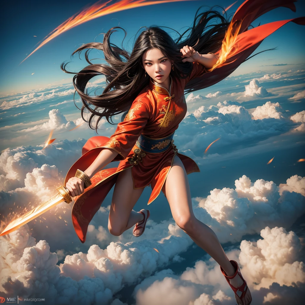 
Photography, surrealistic 20-year-old Asian girl with long black hair, flows with wind effect, flying above the clouds, wearing a Chinese legendary red, white and gold Xianxia costume, holding a large ancient Chinese sword, fighting pose, martial arts pose, and shouting bullet time effect. The orange flame halo around her is flaming and expanding in a terrifyingly high range, seeming to bend and swirl along with her energy. Aerial view with a worm's eye view in a full body shot. Fujifilm D55 lens: 50mm f/1.8 --ar 3:4 --Raw Style --Style 750 --iw 0.5UHD