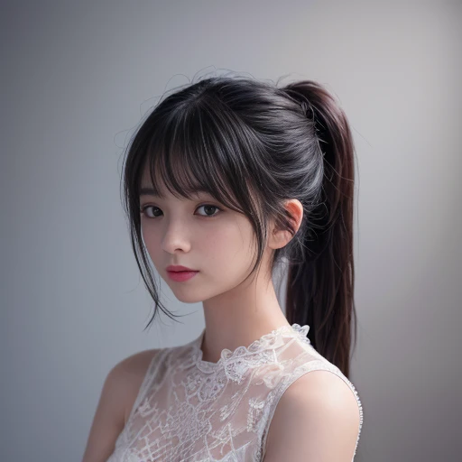 best quality, masterpiece, lifelike, 1 girl, solitary, eternity, black hair, Hair tied in a ponytail, Bangs, Wear dresses, flower, Detailed Background,  Delicate face，pink blush，cold，lots of lace，((​masterpiece))、(top quality)、8k、high detail、Super detailed、 21 years old female，​masterpiece、born、Fair、magic、realism、Visual effects、FXAA、SSAO、Shader、voiceless、ambient lighting、Tone mapping、High resolution、Ultra high quality、Million pixels、(8k resolution:1.10)、8k resolution、high detail、intricate details、 (high quality:1.2、​masterpiece:1.2、:1.21)、(21 years old female），Travel Photos