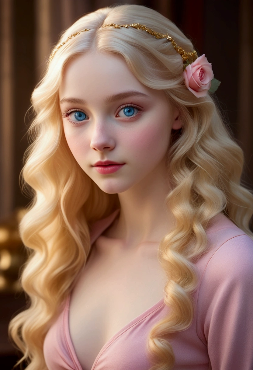 An 18 years old European girl with pale skin and long, wavy blonde hair. large and blue eyes , with an adorable and innocent expression. wearing a pink, gold, and rose gold colored outfit, with a more seductive and scantily clad touch, something that contrasts her sweet and compassionate personality. Overall, her appearance would be striking, attracting curious and lustful looks. small chested, cinematic lighting, chromatic aberration, backlighting, masterpiece, high details, high quality, 4K.