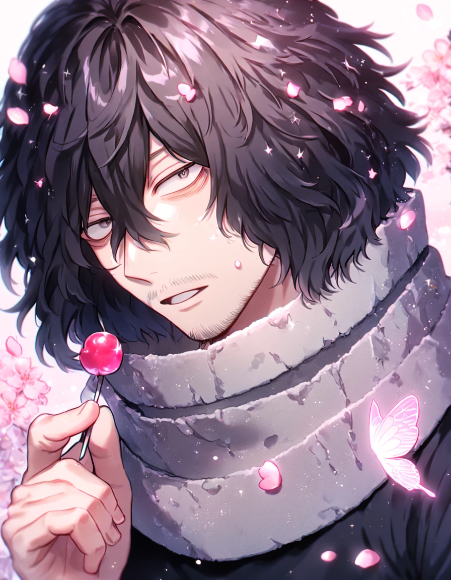 absurdres, highres, ultra detailed, HDR, master piece, best quality, extremely detailed, Eraser Head, black hair, medium hair, expressive gray eyes, faint beard, Boku No Hero Academia, solo, sexy man, handsome, black shirt, gray scarf, magical, sparkling, pink glittering fireflies, pink ice, pink ice butterflies, pink ice petals, pink ice cherry blossoms, pink crystal, pink flowers, pink moon