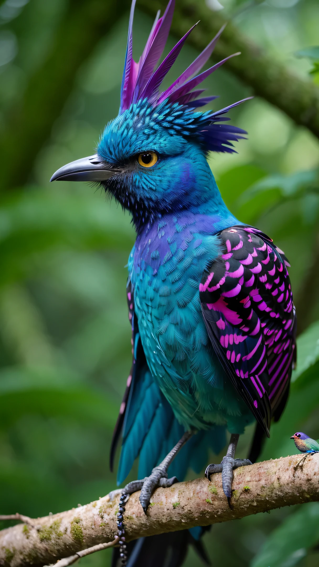 there is a little bird sitting on a branch, rare little bird in the jungle, very beautiful and elegant, beautiful and elegant, captured in the eos canon, by Sudip Roy, mischievous look, sitting on a curly branch, high quality nature photography a bright teal bird sitting on a branch, in the background a waterfall, a surrealistic little bird with a slender beak, horned, spotted, spotted crest ultra-realistic and highly exotic with deep purple plumage adorned by vibrant multicolored spots, emerald green eyes, thin, golden chest and distinct head tuft