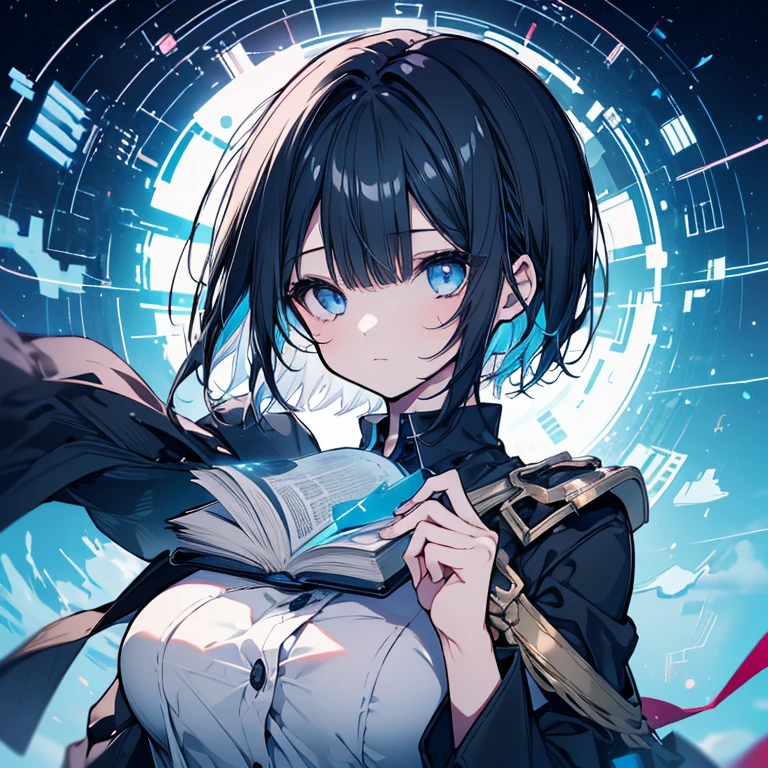 1 girl、Mature、Ample breasts、Black Hair、Very Short Hair、Asymmetrical bangs、Bangs covering one eye、Blue Eyes、Sharp Eye、Handsome、boyish、cool、Light blue uniform、Undress your shirt、Astronomy Tower、Starry Sky、A thick book in one hand、High resolution、Highest quality、