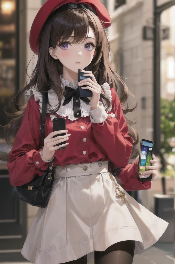 phone,cellphone,1girl,smartphone,holding_phone,hat,blurry,pantyhose,depth_of_field,holding,beret,solo,long_hair,red_headwear,brown_hair,bow,blurry_background,purple_eyes,black_legwear,