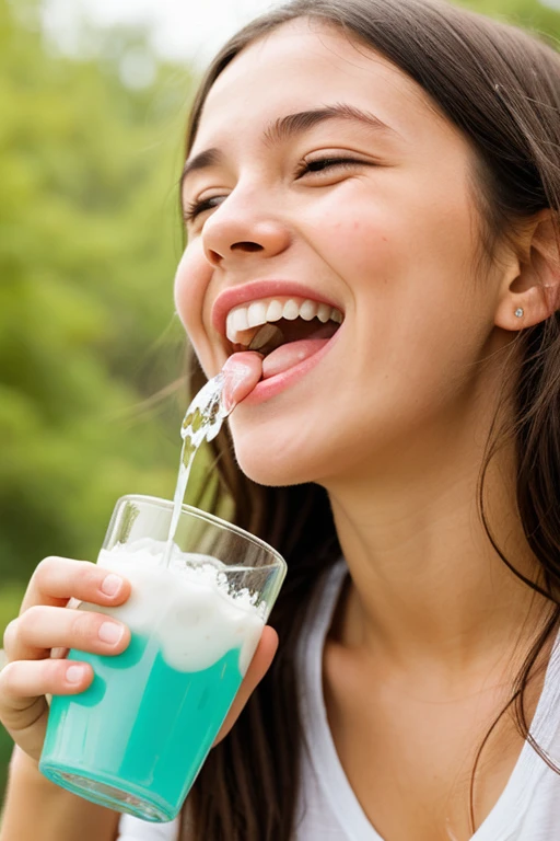 Girl with white sticky liquid flowing out of her mouth,A face full of enjoyment,Some shame,,