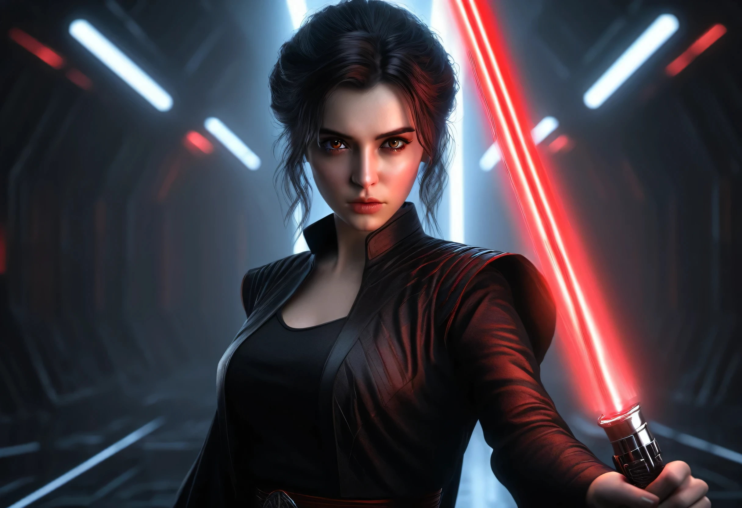 ultra wide angle, in focus, dark epic background, gorgeous lifelike, dynamic pose, a young lady, (highly detailed face and eyes:1.3), arrogant expression, holding red lightsaber in his hand, medium shot, hyper details, lighting art, cinematic, insane details, intricate details, hyperdetailed, goth, fractal, dark shot, big , full body