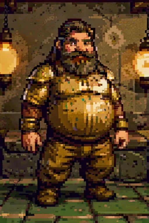 Dwarves are a fictional character archetype that typically have short but robust bodies and are known for their incredible strength. Their skin color is usually gray or brown, and their hair is typically dark brown or auburn and short and stout. Dwarves' features are often rugged with prominent beards or goatees, which are considered indicative of their brawn and fighting prowess. They have dark-colored eyes and heightened vision due to their long periods of subterranean living.Dwarves typically wear heavy clothing and leather goods, which are made to be durable and protective during their mining and crafting processes. Their broad and powerful hands are highly regarded for their skilled craftsmanship, from building homes to the forging of weapons and armor.Generally, dwarves are known for their bravery and stubbornness. They value tradition, respect for the law, and family honor, which they take pride in. Overall, the dwarven archetype is widely used in culture to represent a variety of characters, including warriors, miners, craftsmen, and elites in various fields.The gentle sunshine and natural scenery under the sunlight: The sunshine is a source of vitality for life. It shines on all things in nature, makes all plants and trees full of vitality, and gives natural scenery a gentle and warm aesthet, (handsome mature man plump chubby morbid extremely thick thighs bulging belly fat), older man, gray hair, white man, wearing , hairy chest, hairy belly, bare overalls, gloves, , bulge, detailed glade on clothing, (fat and corpulent: 1.3), full beard very long, looking at the viewer, handsome man, detailed eyes, symmetrical face, mischievous smile, robust, mustache, longer hair, his body is lying sideways on the floor, front view.