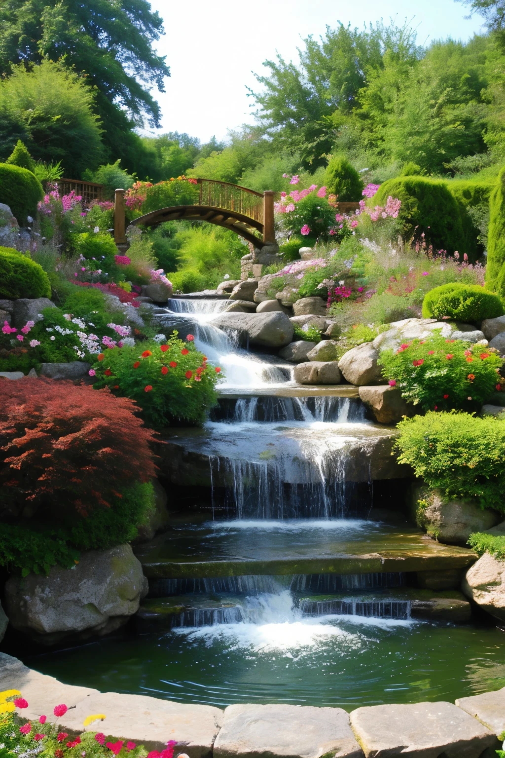 ((Best Quality)), ((masterpiece)), (detailed), a garden with flowers and a waterfall with a white madra fence