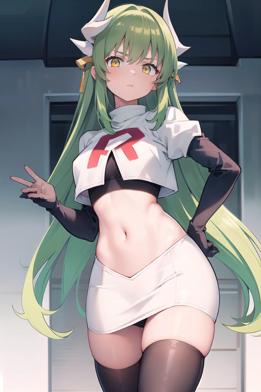 1girl, solo, aakiyo, long hair, green hair, white horns, hair ornament, yellow eyes, looking at viewer, team rocket,team rocket uniform,white skirt,red letter R,crop top,black thigh-highs,black elbow gloves, masterpiece, best quality