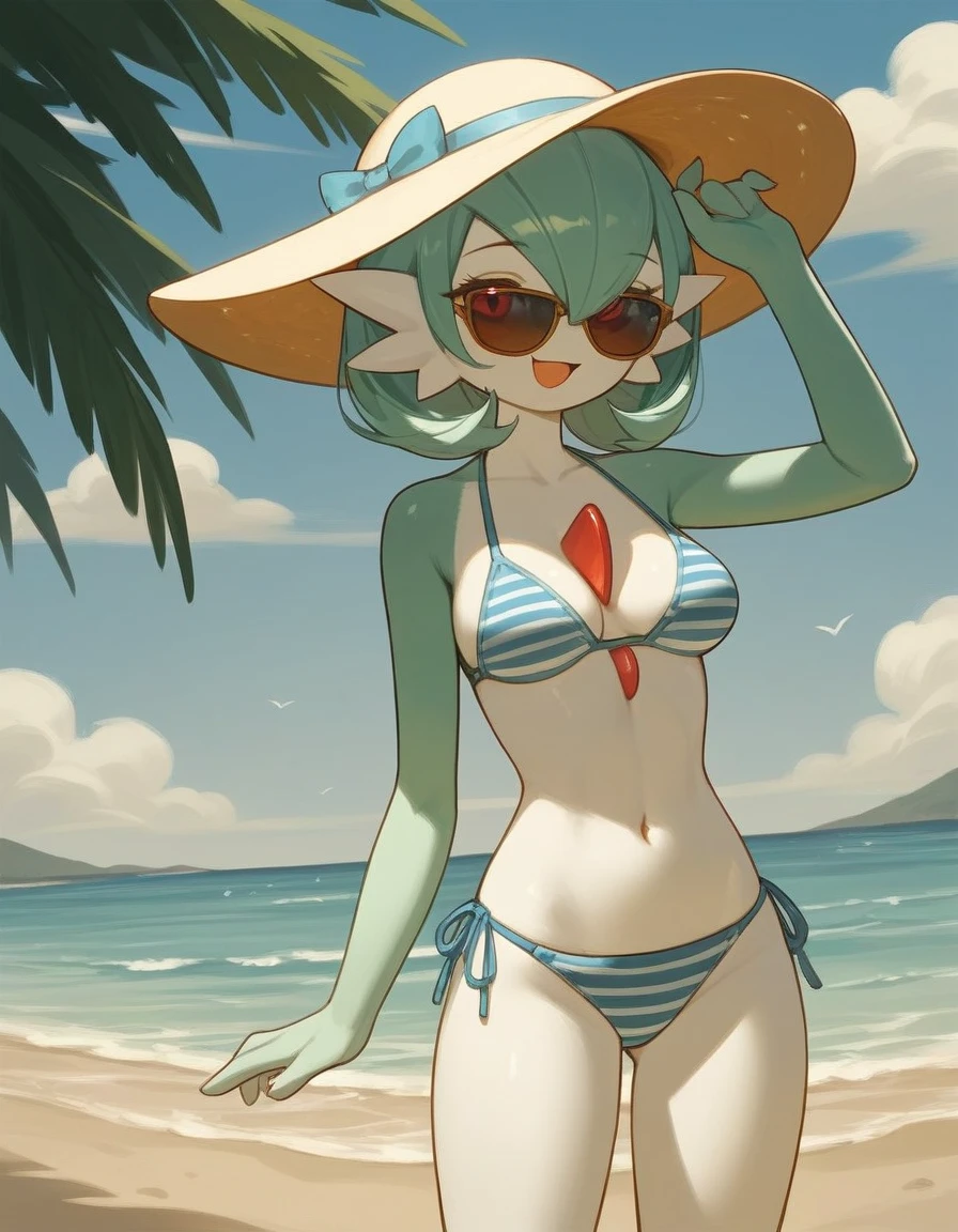 obra maestra, mejor calidad, 1 girl in, solo, kirlia, cabello verde, ojos rojos, en un yate, riendo, bikini, bikini de dos piezas, senos grandes, senos femeninos grandes y redondos, embarazada, bikini rojo.