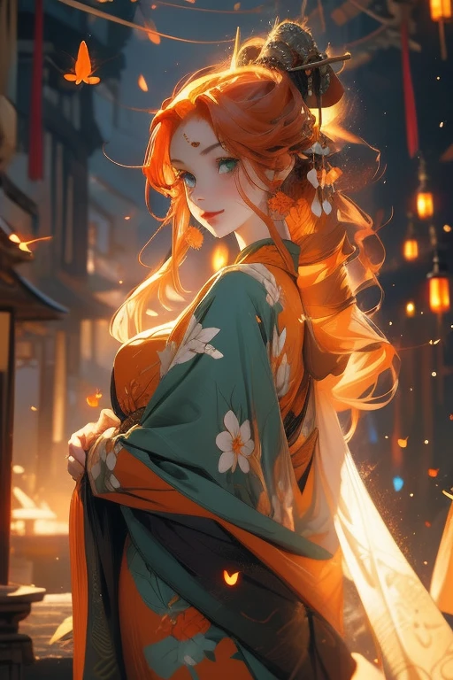 Perfect face. Perfect hands. An orange haired woman with green eyes and an hourglass figure in a kimono is smiling in a flurry of lightning bugs in a shrine