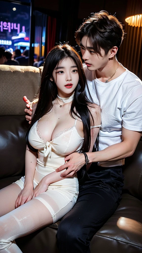 (((SFW : 1.2))), (((pornography))), (realistic), (intricate details:1.2), (masterpiece、:1.3), (top quality:1.4), (Ultra A high resolution:1.2), Ultra A high resolution, 8K resolution, very detailed expression, dark, (high quality), complete anatomy, natural anatomy, full body photo, (1 korean Girl being caress by 2 korean men at night : 1.6), she is 21 years old, (call girl:1.5), (prostitute: 1.5), (she is korean:1.6), (beautiful : 1.4), (Dyed fancy colored hair banging), (big earrings), heavy makeup, Confusing wording, choker necklace, long legs, (a girl weared slim feminine dress :1.4), (a girl weared strappy high heels :1.4), (2 men being weared t shirts and training pants : 1.3), (2 men are the house's owner : 1.4), glowing skin,(eye contact each other :1.4), (the men tie up her arms behind back:1.4), (((orgasm : 1.4))), (((moaning : 1.2))),(She being caught and sexually harassed by 2 men : 1.5), (she be forcibly raped by 2 men : 1.5), violated by them, She can not resist holding her arms grabbed by men., his dicks are being inserted into her pussy and anal., a man tighten her panty, a man tears off her pantyhose to explore her pussy, grabed ass, (The men grabbed her thighs.), caress, fondle, (lobby of nightclub : 1.6), (sitting on sofa: 1.4), (wiskey and fruit on the table: 1.4), (detailed background:1.2),(She has fun with several Korean men : 1.4), (face to face : 1.4)
