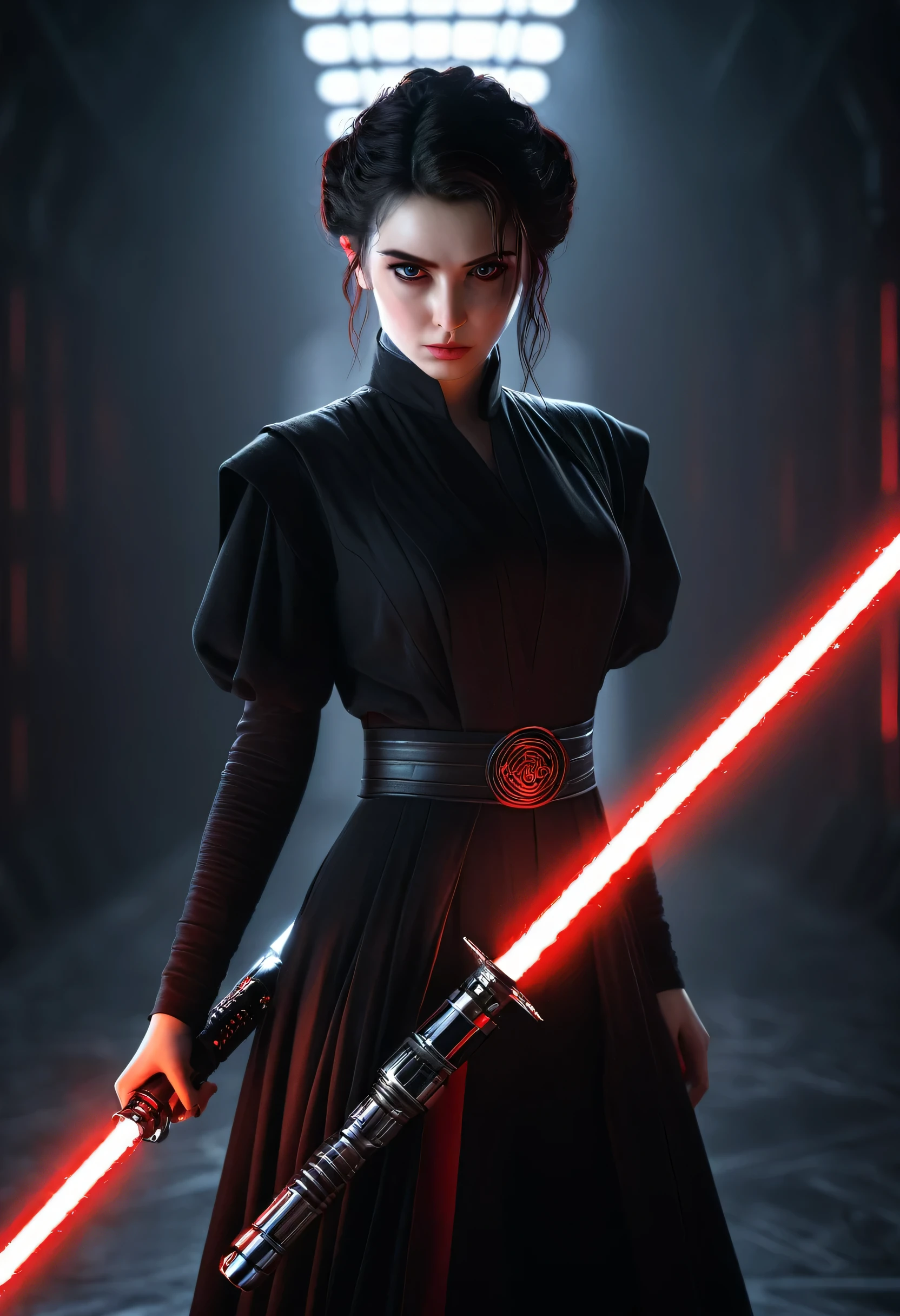 ultra wide angle, in focus, dark epic background, gorgeous lifelike, dynamic pose, a young lady, (highly detailed face and eyes:1.3), arrogant expression, holding red lightsaber in his hand, medium shot, hyper details, lighting art, cinematic, insane details, intricate details, hyperdetailed, goth, fractal, dark shot, big , full body