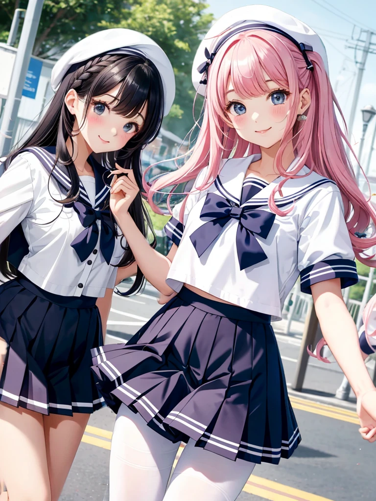 high quality、Three beautiful girls、Cute Hairstyles、Cute hair color、Cute colored sailor uniform、White sailor collar、Cute Checkered Pleated Skirt、Cute color school cardiga amusement park、 Dancing with a sly smile、pantyhose、Panty shot