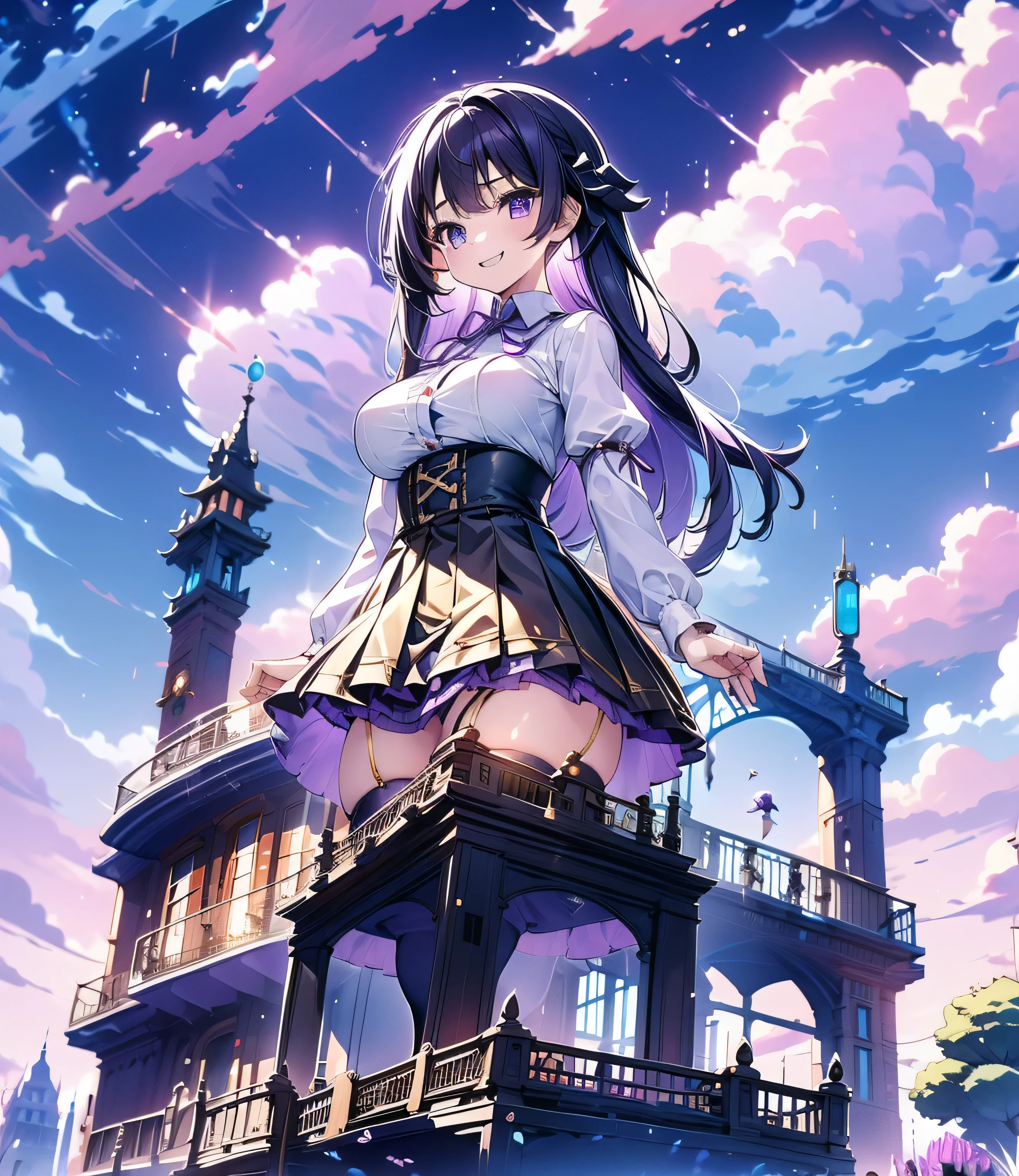 (masterpiece), (HDR), absurdres, (best quality), (ultra high quality), (hi-res), (1girl), (lavender eyes), beautiful detailed eyes, teen, (purple hair), bangs, short side locks, (big thick twintails), (long straight hair), (((two gold hair ties))), (medium breast), mini skirt, collared shirt, ((jirai kei)), ((thighhighs)), (zettai ryouiki), (thin waist), (thigh gap), (happy expression), smile with teeth, (looking at viewer), posing, in the city, outside, buildings, sidewalk, daytime, sunlight on face, noon, bright sun, city scenery, birds