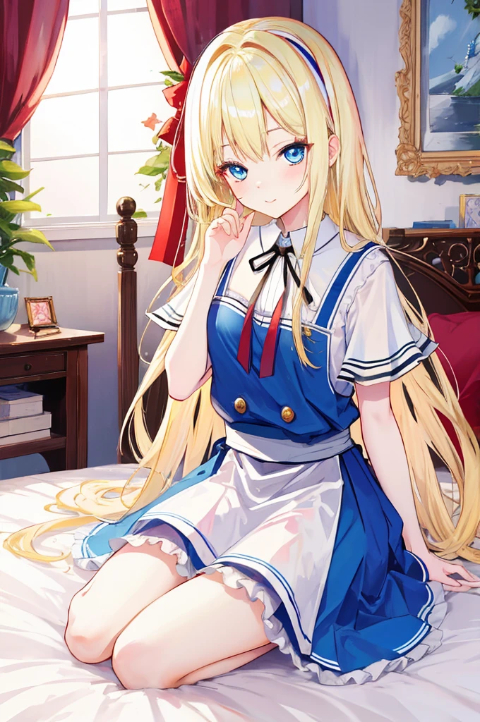 Alice漫游仙境,fairy tales,((Alice)),Light blond long hair,Blue Eyes,Big ,Well-behaved and cute,Sitting on the bed,(nsfw:0.9),
