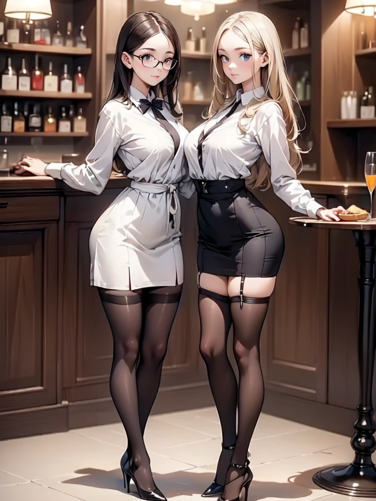 (masterpiece:1.3),(best quality, highest quality),((Full Body Shot,Including face)),1girl,Standing position,4K,masterpiece,((Focus on the face)),((Symmetrical facial features)),Beautiful woman,slender,Beautiful feet,((High heels,Patterned stockings with straps)),Detailed depiction of the face,bar counter,Cafe clerk uniform,Realistic,Place glasses on a tray,profile