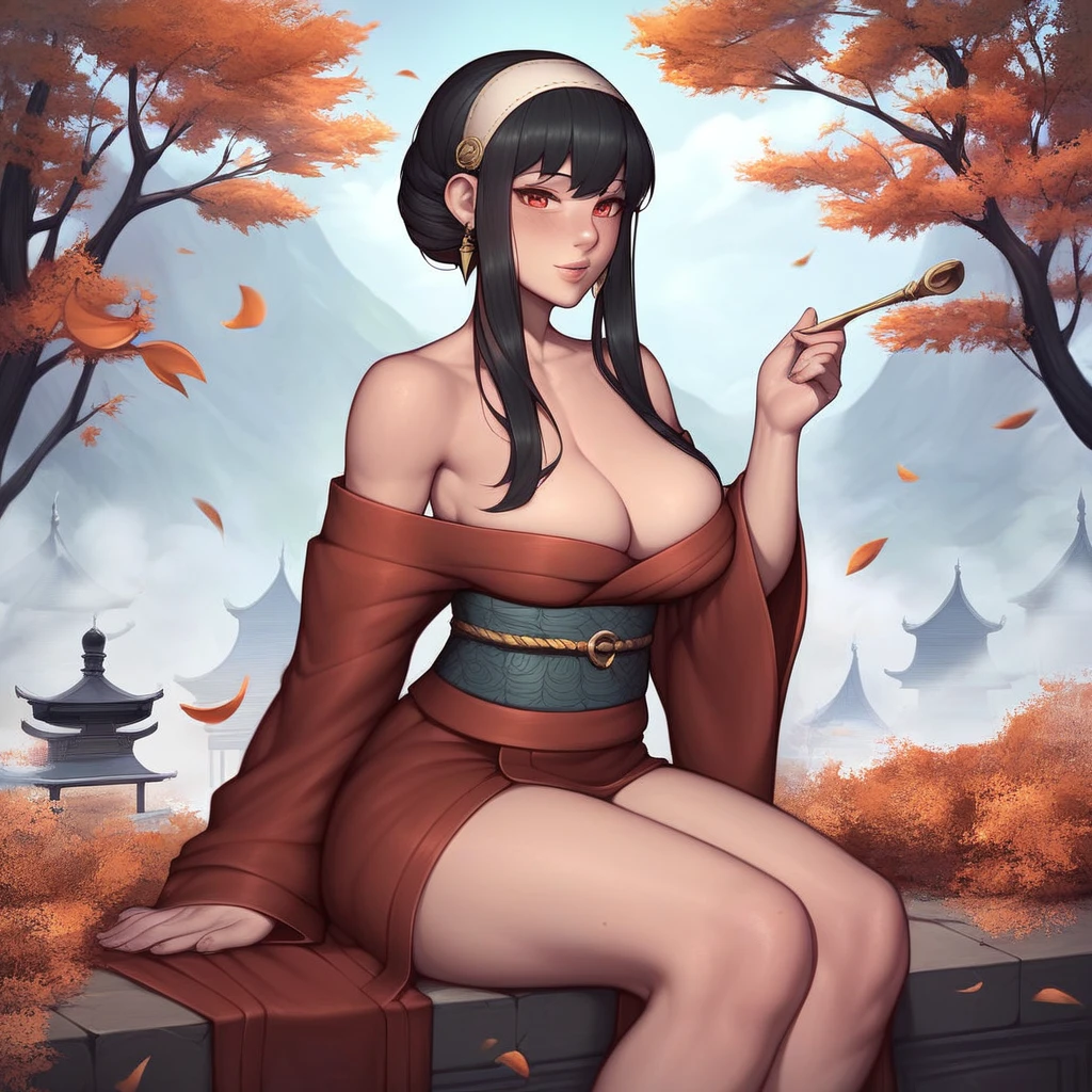 (asura art style:0.7), score_9, score_8_up, score_7_up, score_6_up, uncensored, yor briar, black hair, sidelock, white hairband, red eyes, BREAK (masterpiece:1.2), best quality, high resolution, (detailed eyes:1.3), perfect lighting, (perfect hands, perfect anatomy), large breasts, One beautiful woman, kimono, bare shoulder, obi, Sitting, facing viewer, tori, blossoms, autumn, fog, hand support,