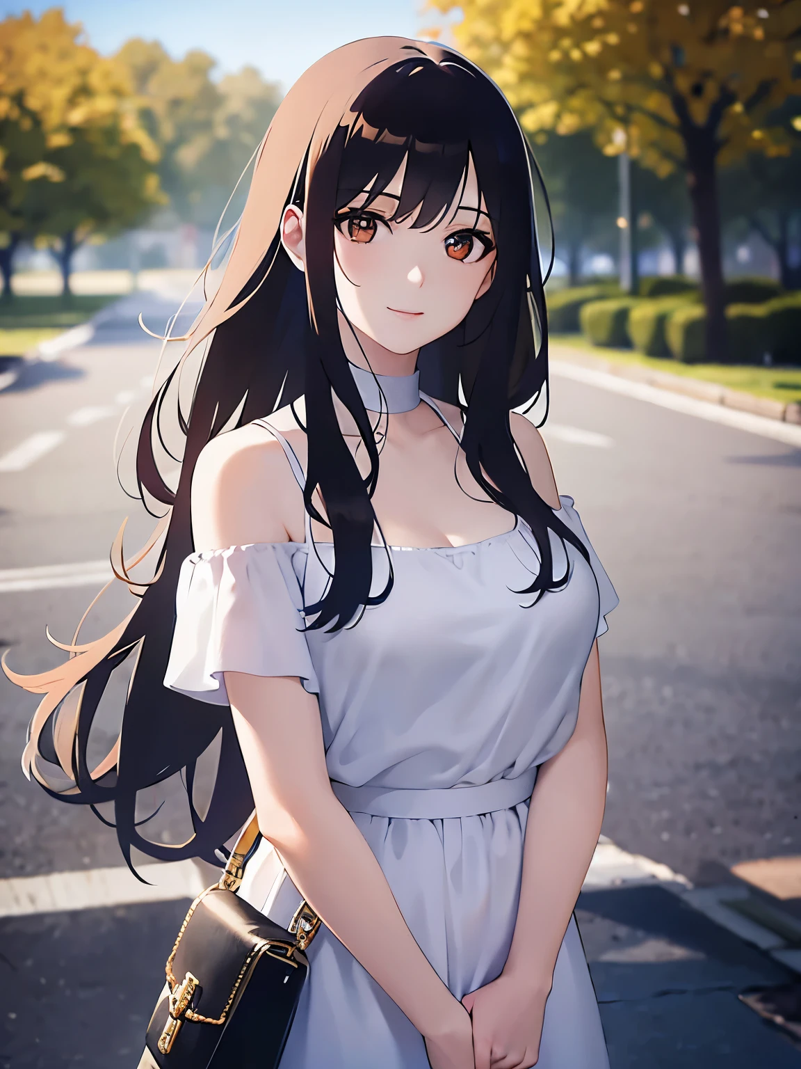 (looking away:1.5),Upper Body,
Realistic, real person, (pale skin: 1.2), RAW photo, photorealistic, shiny skin, shiny hair、
(A 25-year-old woman with medium-length hair and bangs) and (wavy hair) and (brown hair) and (orange eyes) 、
smile, White dress 、The background is a park