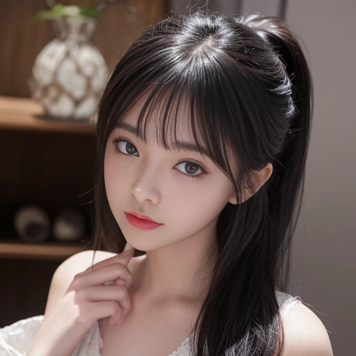 best quality, masterpiece, lifelike, 1 girl, solitary, eternity, black hair, Hair tied in a ponytail, Bangs, Wear dresses, flower, Detailed Background, Delicate face,pink blush,cold,lots of lace,((masterpiece))、(top quality)、8k、high detail、Super detailed、 21 years old female,masterpiece、born、Fair、magic、realism、Visual effects、FXAA、SSAO、Shader、voiceless、ambient lighting、Tone mapping、High resolution、Ultra high quality、Million pixels、(8k resolution:1.10)、8k resolution、high detail、intricate details、 (high quality:1.2、masterpiece:1.2、:1.21)、(21 years old female),Travel Photos