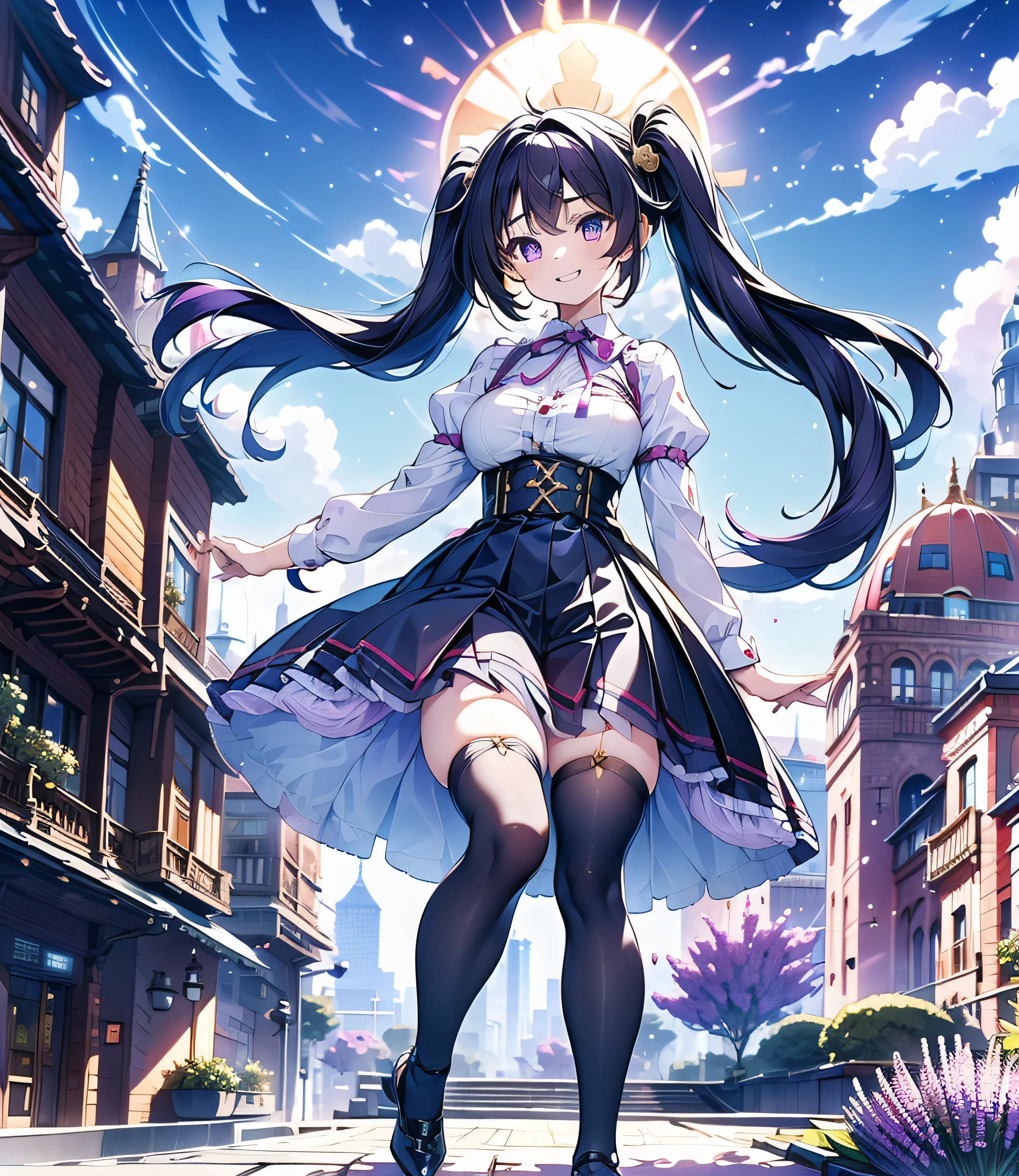 (masterpiece), (HDR), absurdres, (best quality), (ultra high quality), (hi-res), (1girl), (lavender eyes), beautiful detailed eyes, teen, (purple hair), bangs, short side locks, (big thick twintails), (long straight hair), (((two gold hair ties))), (medium breast), mini skirt, collared shirt, ((jirai kei)), ((thighhighs)), (zettai ryouiki), (thin waist), (thigh gap), (happy expression), smile with teeth, (looking at viewer), posing, in the city, outside, buildings, sidewalk, daytime, sunlight on face, noon, bright sun, city scenery, birds