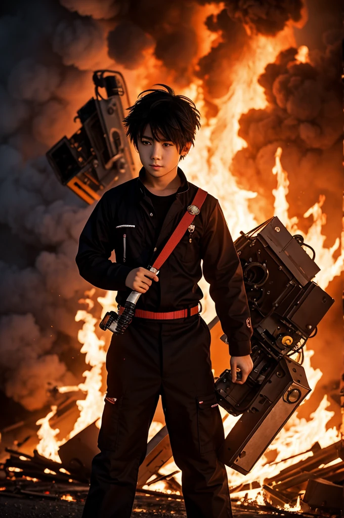 Anime boy using a machineguy in the middle of fire