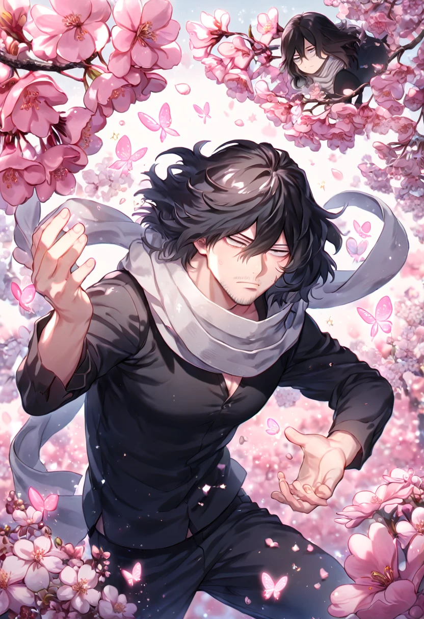 Ultra detailed, HDR, Highres, absurdres, master piece, Eraser head, black hair, medium hair, expressive gray eyes, faint beard, gray scarf, black shirt, black pants, Boku No Hero Academia, sexy man, handsome, cherry, flowers, blossoms, fantasy, magical, pink leaves, sensual, best quality, glittering, pink butterflies, pink ice,