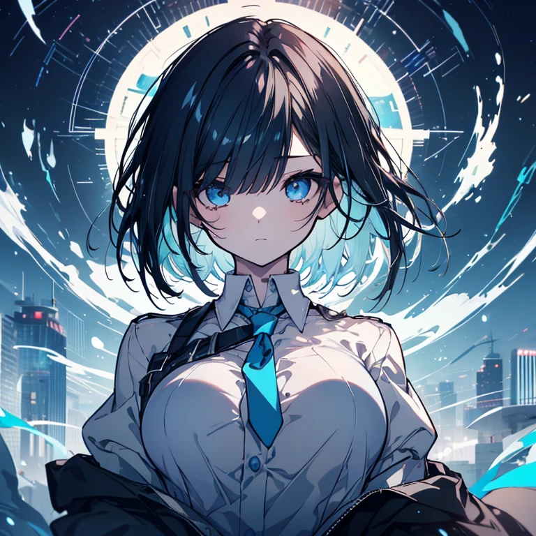 1 girl、Mature、Ample breasts、Black Hair、Very Short Hair、Asymmetrical bangs、Bangs covering one eye、Blue Eyes、Sharp Eye、Slanted Eyes、Eyebrows、Handsome、boyish、cool、Light blue uniform、Undress your shirt、Astronomy Tower、Starry Sky、A thick book in one hand、High resolution、Highest quality、