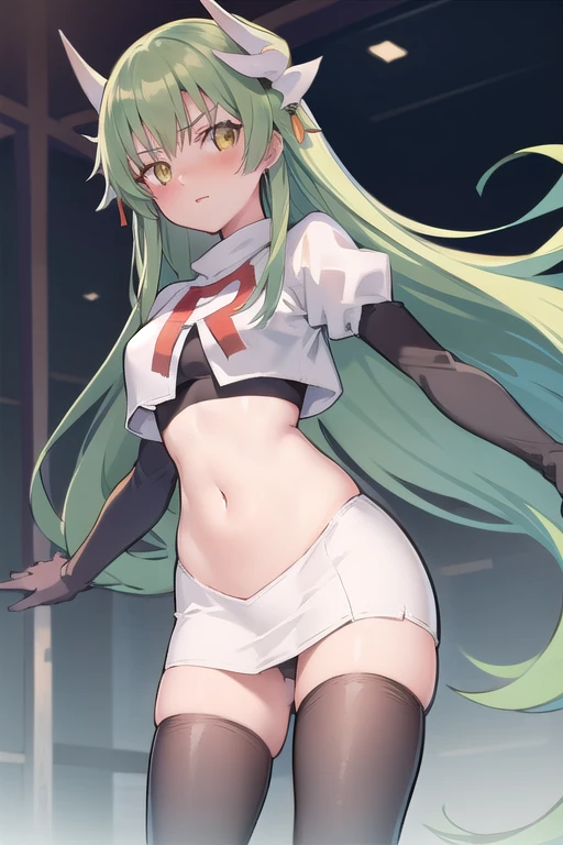 1girl, solo, aakiyo, long hair, green hair, white horns, hair ornament, yellow eyes, looking at viewer, team rocket,team rocket uniform,white skirt,red letter R,crop top,black thigh-highs,black elbow gloves, masterpiece, best quality