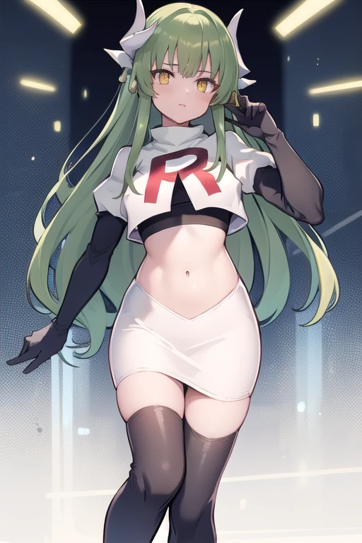 1girl, solo, aakiyo, long hair, green hair, white horns, hair ornament, yellow eyes, looking at viewer, team rocket,team rocket uniform,white skirt,red letter R,crop top,black thigh-highs,black elbow gloves, masterpiece, best quality