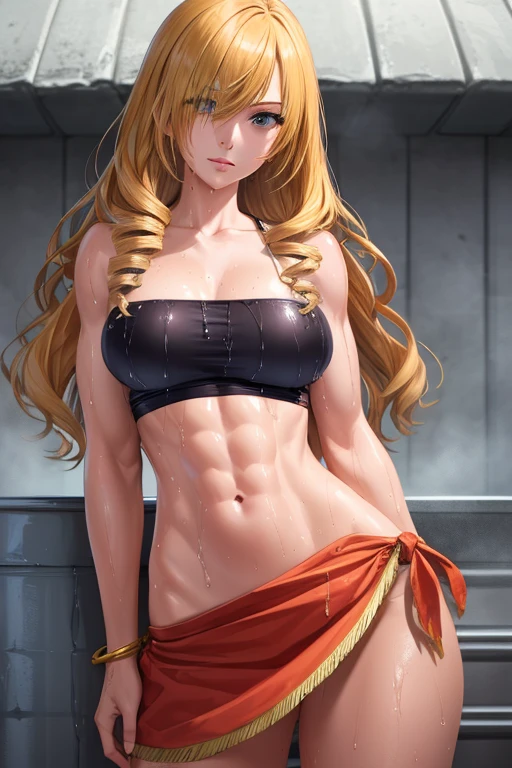 masterpiece,best quality,high resolution,8k,ultra HD,wallpaper,illustration,beautiful detailed eyes,perfect face,cowboy shot,beautiful detailed eyes,extremely detailed face,perfect lighting,extremely detailed CG,perfect hands,perfect anatomy,perfect body,perfect hands,perfect fingers,1woman,full body,(muscle fighter:1.1),yellow medium vertical roll hair,blue eyes,large breasts,Medium ass,,black tube top,red wrapskirt,clothed,collarbone,,looking at viewer,sexy look pose,Steam,wet,sweat,Sandy Beach,