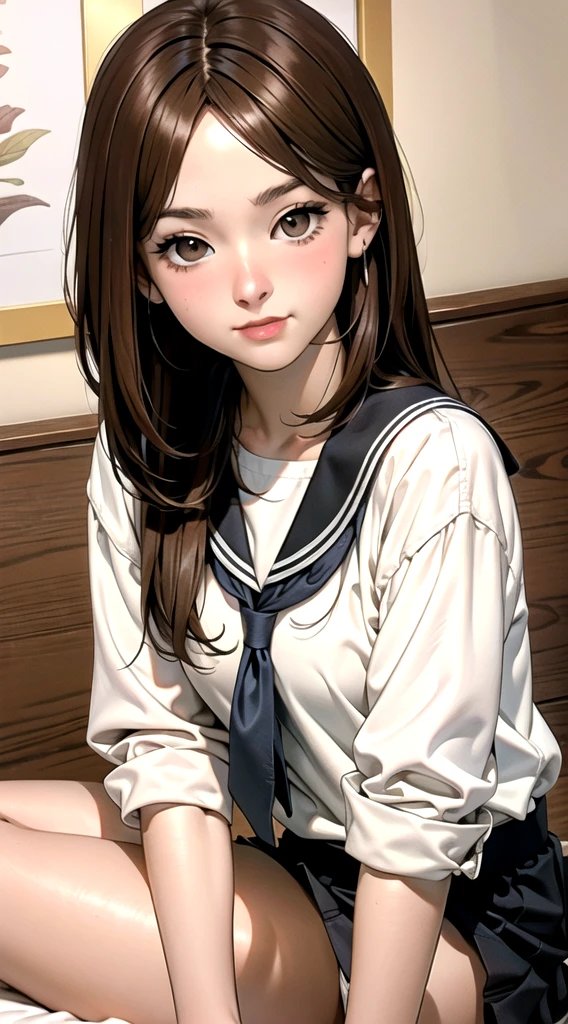 indoor, bedroom, sitting on bed:1.1, ((W sitting)), , long hair, brown hair, brown eyes, (perfect skin, realistic skin), seifuku, white shirt, white socks, white panty, fine fabric emphasis, sexy:1.1, smile, blush:1.2,  TakagiSanFirstStyle, (master piece:1.4, best quality:1.4, intricate details, highres, 8K, 4K, UHD, Ultra Detailed 8K CG, ultra high res, High quality texture, High quality shadow, HDR), nsfw