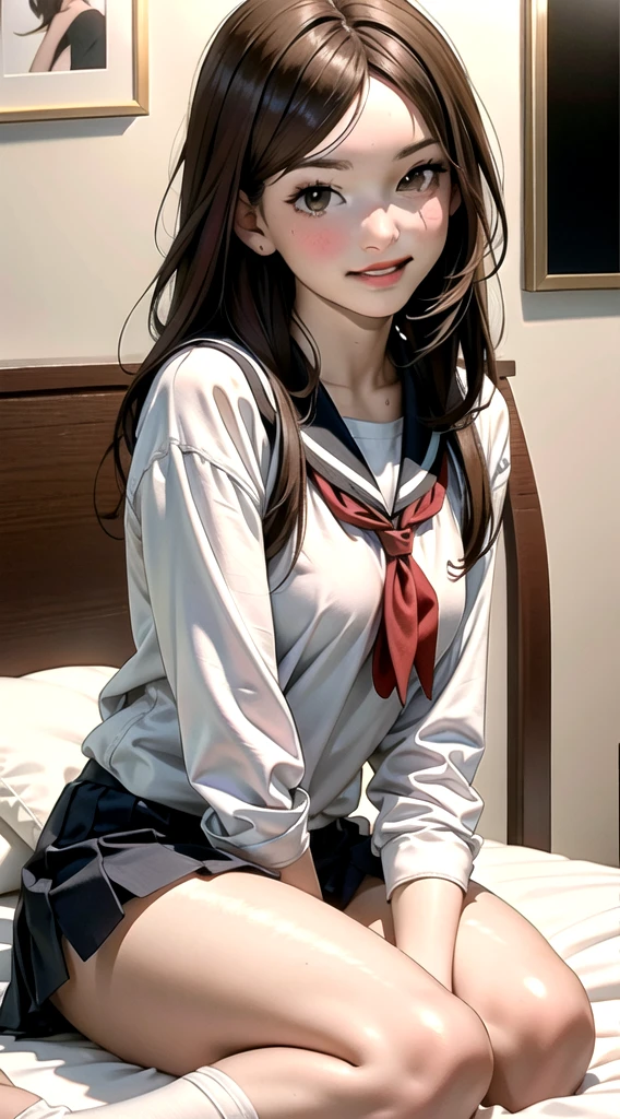 indoor, bedroom, sitting on bed:1.1, ((W sitting)), , long hair, brown hair, brown eyes, (perfect skin, realistic skin), seifuku, white shirt, white socks, white panty, fine fabric emphasis, sexy:1.1, smile, blush:1.2,  TakagiSanFirstStyle, (master piece:1.4, best quality:1.4, intricate details, highres, 8K, 4K, UHD, Ultra Detailed 8K CG, ultra high res, High quality texture, High quality shadow, HDR), nsfw