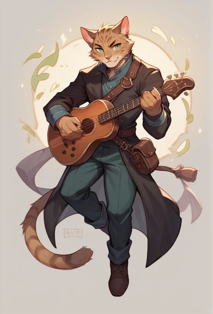 Entertainer Cat, fantasy look, full length, catboy, furry, instrument in hand