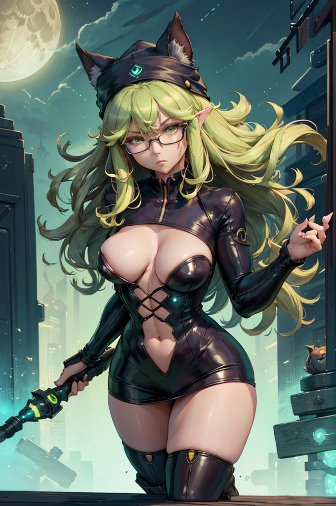 Quality 4k, Solo, Girl, Detailed Face, Detailed Eyes, Green Eyes, Adult Female, Young Adult Female, Female, Goblin, Short, (Wizard Hat), Yellow Moon Decal, Shadow Cat Familiar, Black Chibi Familiar, Glasses, (Brown Poofy Hair), Bright Green Eyes, Shop Owner, (Cybernetic Enhancement parts), Cyberpunk Setting, Shop Background, Night time