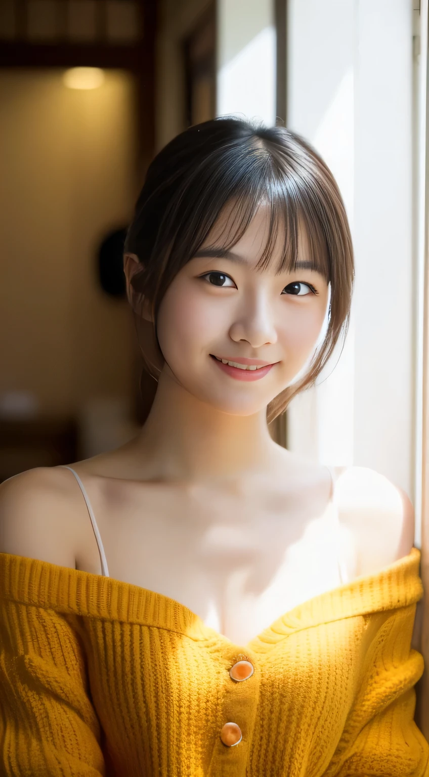 masterpiece,best quality,(Japanese girl),((Beautiful girl)),cleavage,(off shoulder:1.2),(perfect body beauty:1.2),(shy smile),from above