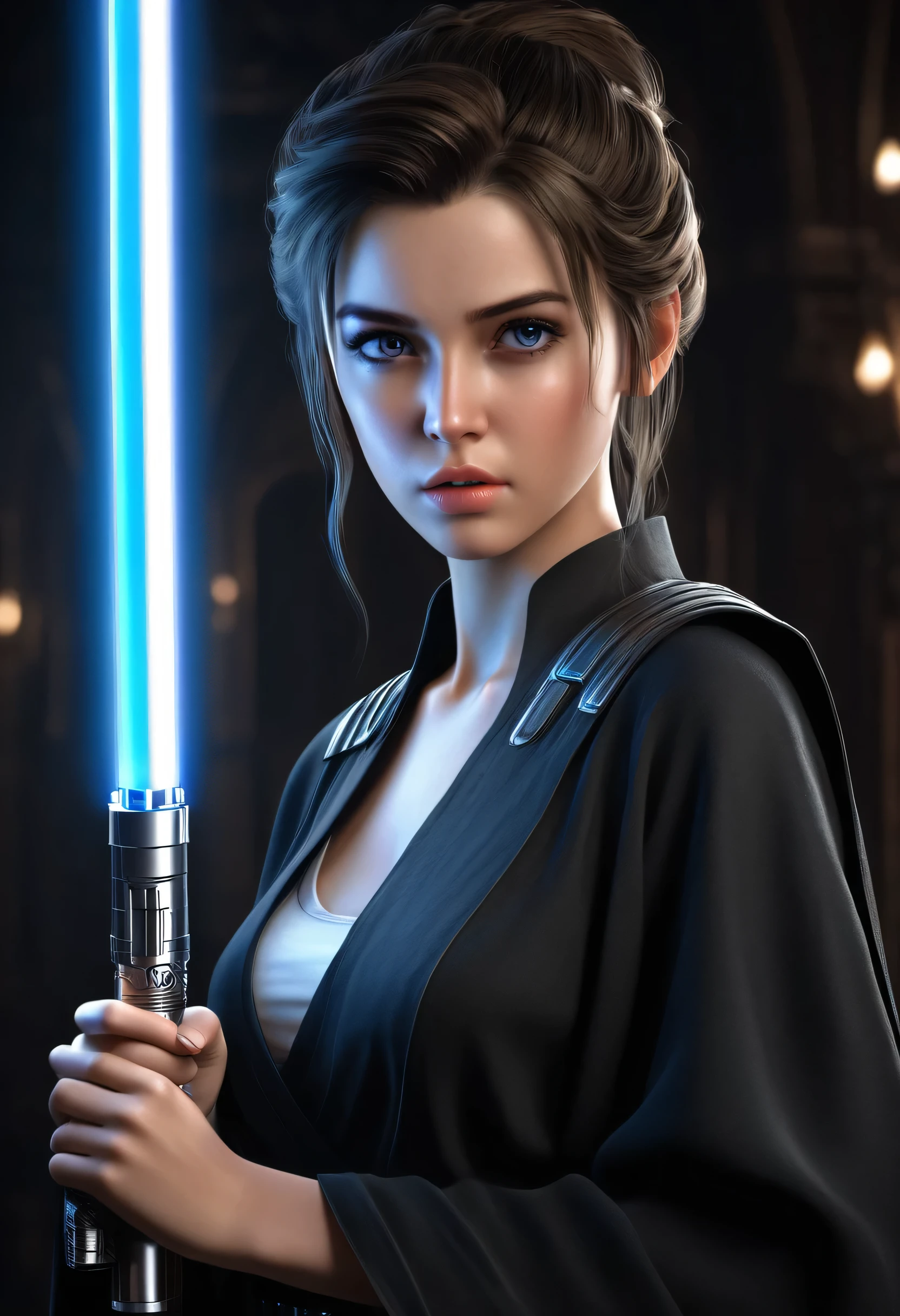 ultra wide angle, in focus, dark epic background, gorgeous lifelike, dynamic pose, a young lady, (highly detailed face and eyes:1.3), arrogant expression, holding blue lightsaber in his hand, medium shot, hyper details, lighting art, cinematic, insane details, intricate details, hyperdetailed, jedi com roupas brancas, fractal, dark shot, big , full body