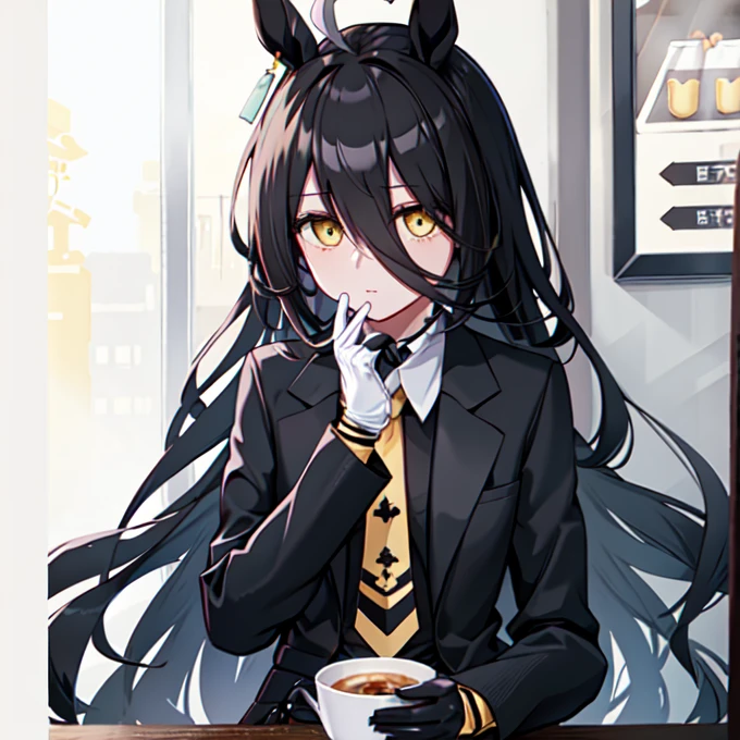((Table Top, Best Quality)),(One Girl:1.2),Manhattan Cafe,Manhattan Cafe (Racing Wear),Horse Girl,Horse Ears,Hair Between Eyes,(Alone:1.2),Pantyhose,Long Hair,Black Hair,Black Gloves,Yellow Eyes,Ahoge,Tie,Black Jacket,Skirt,Black Footwear