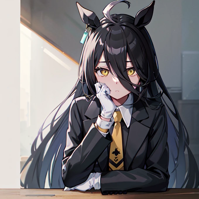 ((Table Top, Best Quality)),(One Girl:1.2),Manhattan Cafe,Manhattan Cafe (Racing Wear),Horse Girl,Horse Ears,Hair Between Eyes,(Alone:1.2),Pantyhose,Long Hair,Black Hair,Black Gloves,Yellow Eyes,Ahoge,Tie,Black Jacket,Skirt,Black Footwear