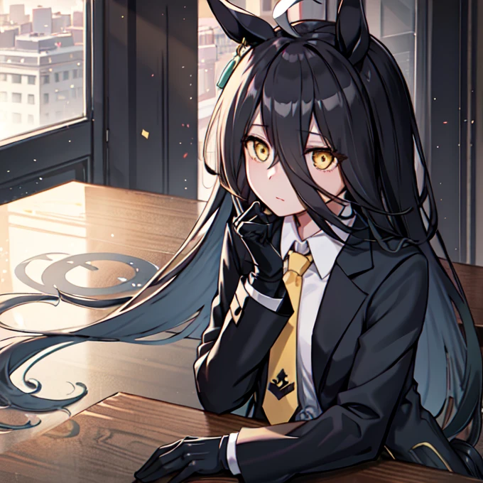 ((Table Top, Best Quality)),(One Girl:1.2),Manhattan Cafe,Manhattan Cafe (Racing Wear),Horse Girl,Horse Ears,Hair Between Eyes,(Alone:1.2),Pantyhose,Long Hair,Black Hair,Black Gloves,Yellow Eyes,Ahoge,Tie,Black Jacket,Skirt,Black Footwear