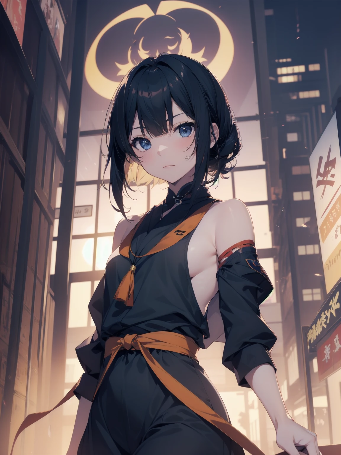 Ninjas are... cool and... fast.！ultra-absurdres-Top quality by artist God, ultra-detailed, high resolution, anime moe artstyle, best anime 8k konachan wallpaper, pixiv contest winner, pool:2810, perfect anatomy,break, Domo…1girl is ninja girl, (Please draw a picture of a Ninja girl stand and look down on the city from rooftop),from above, dutch angle, break, (Solo,ロリ,12-year-old:1.3), androgynous charm, (Very Short hair, blunt bangs), Full limbs, complete fingers,flat chest, Small butt, groin, small black eyes, beautiful detailed eyes, well-proportioned iris and pupils, expressive eyes, highres detailed hair, (sleeveless hanjuban),obi,ninja hakama, japanese Hairpin,ninja scarf waving in the wind, ninja stance, break,super detailed skin, Best cinematic lighting powered by famous artist, 8k,beauty illustration,photoshop_(medium),very aesthetic,break,((artist:nekotoufu )), artist:clamp ,artist:carnelian ,artist:kantoku ,
