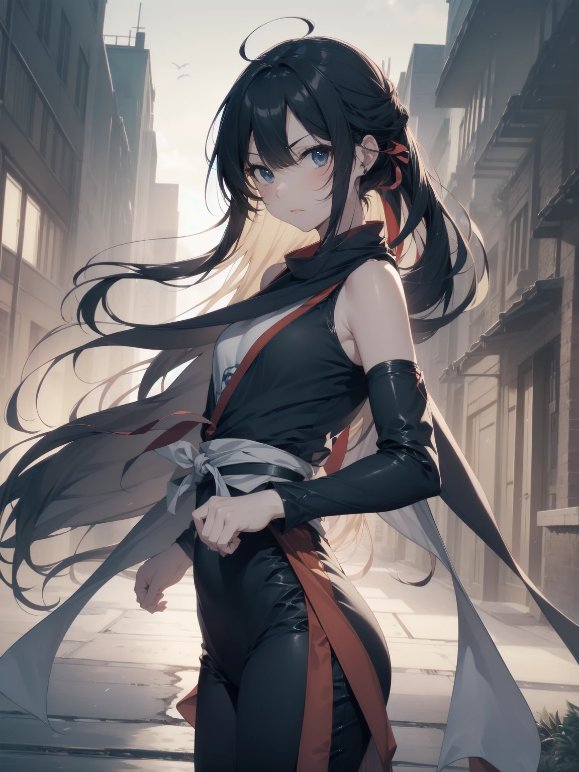 Ninjas are... cool and... fast.！ultra-absurdres-Top quality by artist God, ultra-detailed, high resolution, anime moe artstyle, best anime 8k konachan wallpaper, pixiv contest winner, pool:2810, perfect anatomy,break, Domo…1girl is ninja girl, (Please draw a picture of a Ninja girl stand and look down on the city from rooftop),from above, dutch angle, break, (Solo,ロリ,12-year-old:1.3), androgynous charm, (Very Short hair, blunt bangs), Full limbs, complete fingers,flat chest, Small butt, groin, small black eyes, beautiful detailed eyes, well-proportioned iris and pupils, expressive eyes, highres detailed hair, (sleeveless hanjuban),obi,ninja hakama, japanese Hairpin,ninja scarf waving in the wind, ninja stance, break,super detailed skin, Best cinematic lighting powered by famous artist, 8k,beauty illustration,photoshop_(medium),very aesthetic,break,((artist:nekotoufu )), artist:clamp ,artist:carnelian ,artist:kantoku ,
