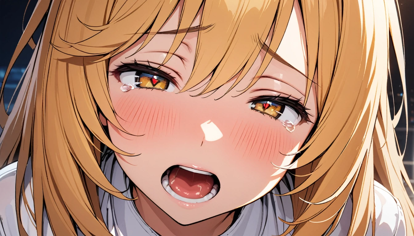 [1girl, shokuhou misaki, toaru majutsu no index], beautiful detailed eyes, yellow eyes, (tareme:1.3), (half-closed eyes), (surprised, opened mouth), nsfw, (close-up mouth), Highest quality, Super detailed, masterpiece, Ultra-high resolution, 8k, Embarrassing, blush, Lovely, (Close one eye, With tears in her eyes and her mouth open), Sticky saliva