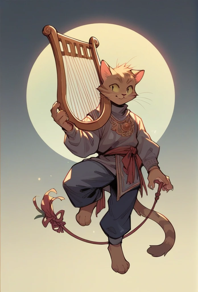 Entertainer Cat, fantasy look, full length, catboy, furry, harp in hand