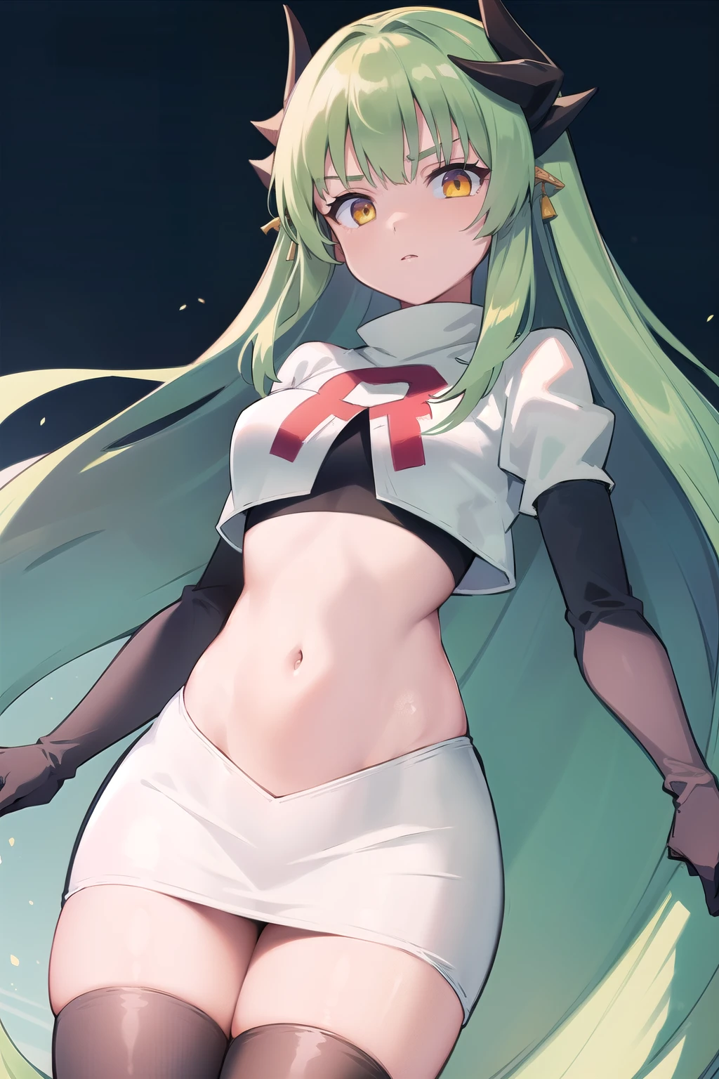 1girl, solo, aakiyo, long hair, green hair, white horns, hair ornament, yellow eyes, looking at viewer, team rocket,team rocket uniform,white skirt,red letter R,crop top,black thigh-highs,black elbow gloves, masterpiece, best quality