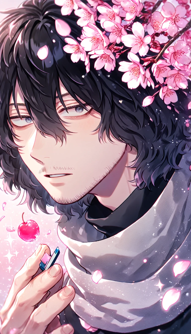 absurdres, highres, ultra detailed, HDR, master piece, best quality, extremely detailed, Eraser Head, black hair, medium hair, expressive gray eyes, faint beard, Boku No Hero Academia, solo, sexy man, handsome, black shirt, gray scarf, magical, sparkling, pink glittering fireflies, pink ice, pink ice butterflies, pink ice petals, pink ice cherry blossoms, pink crystal, pink flowers, pink moon