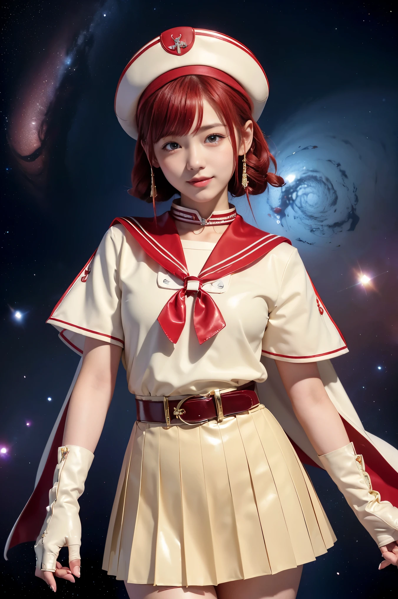 (((Short braided hair、Red Hair、Cute hat)))、(((A -yeld Jaese girl wearing a shiny short-sleeved sailor uniform and elbow gloves, layered over a white cloak,smile)))、(((Beige latex sailor collar)))、(((Beige Latex Pleated Skirt,Red belt and line)))、emblem、choker、Earrings、ribbon、((belly button))、 (((Sailor Warrior Uniforms)))、(((Add red light)))、Beautiful ornaments: 美しいPerfect Face, Soft Skin、Perfect Face, Intricate details, Splash screen, 8k resolution, masterpiece, Cute Face、(((Space Background))、Queen of Queenasterpiece, Highest quality, Highest quality, Official Art, Beauty and aesthetics: 1.2), (One girl: 1.3)