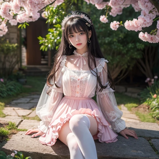 best quality, masterpiece, lifelike, 1 girl, solitary, eternity, black hair, Long curly hair, Bangs, laugh out loud, layered lace skirt,  Puff sleeves, Wide sleeves, Transparent sleeves,  在flower园里, flower, Detailed Background,  Delicate face，pink blush，White，knee socks, pink shoes，cold，lots of lace，((​masterpiece))、(top quality)、8k、high detail、Super detailed、 21 years old female，​masterpiece、born、Scenes resembling fairy tale illustrations、intricate details showcase the ruffles and intricate designs of the Lolita dress、fair、magic、realism、Visual effects、FXAA、SSAO、Shader、voiceless、ambient lighting、Tone mapping、High resolution、Ultra high quality、Million pixels、(8k resolution:1.10)、8k resolution、high detail、intricate details、 (high quality:1.2、​masterpiece:1.2、:1.21)、(21 years old female）(Surrounded by a dreamy atmosphere ），Hair accessories are not allowed