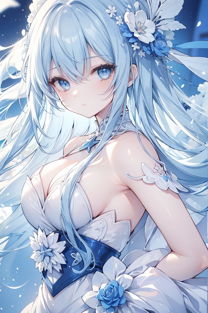 Woman, long blue hair, blue eyes, kind face, white dress