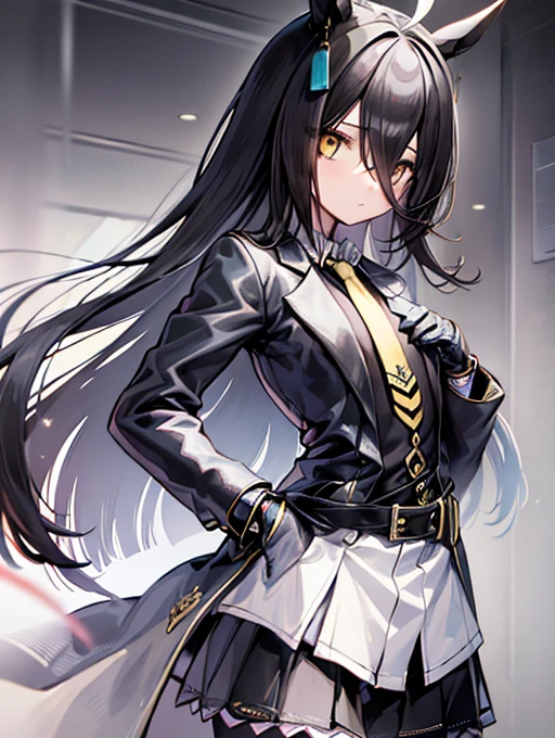 ((masterpiece)), ((best quality)), (solo), Manhattan Cafe, Manhattan Cafe (racing wear),, white ahoge, (long black hair), long black bangs between the eyes,,, black horse ears, horse tail, yellow eyes with no highlights, (((flat chest))), ((black long coat)), ((black shirt)), ((black pantyhose)), ((black skirt)), black gloves, ((yellow tie)), belt,